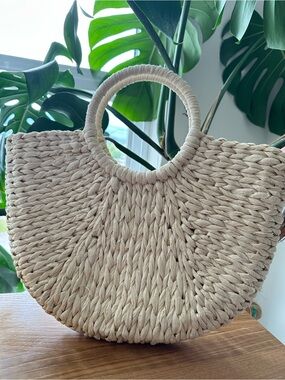 Woven Round Handle Straw Tote Bag - Cream